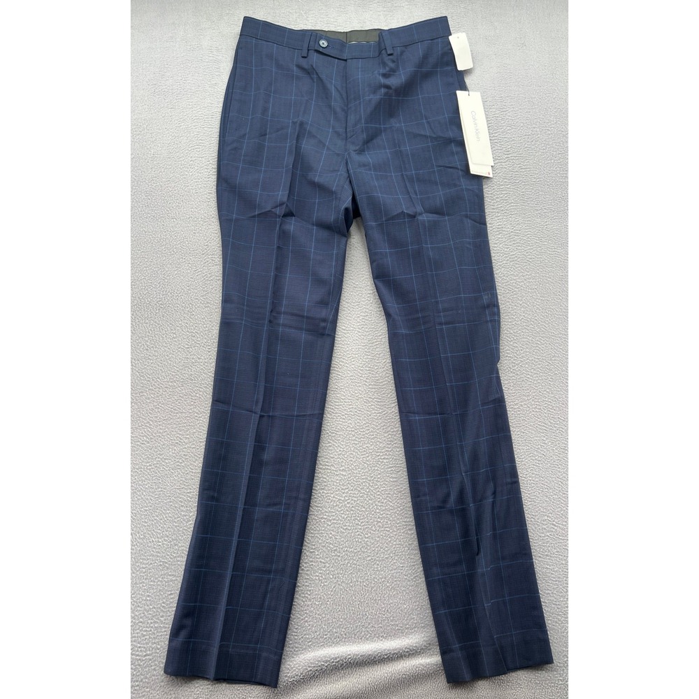 Calvin Klein Jerome Dress Pants Men's 32x34 Navy Blue Windowpane Plaid Slim Fit
